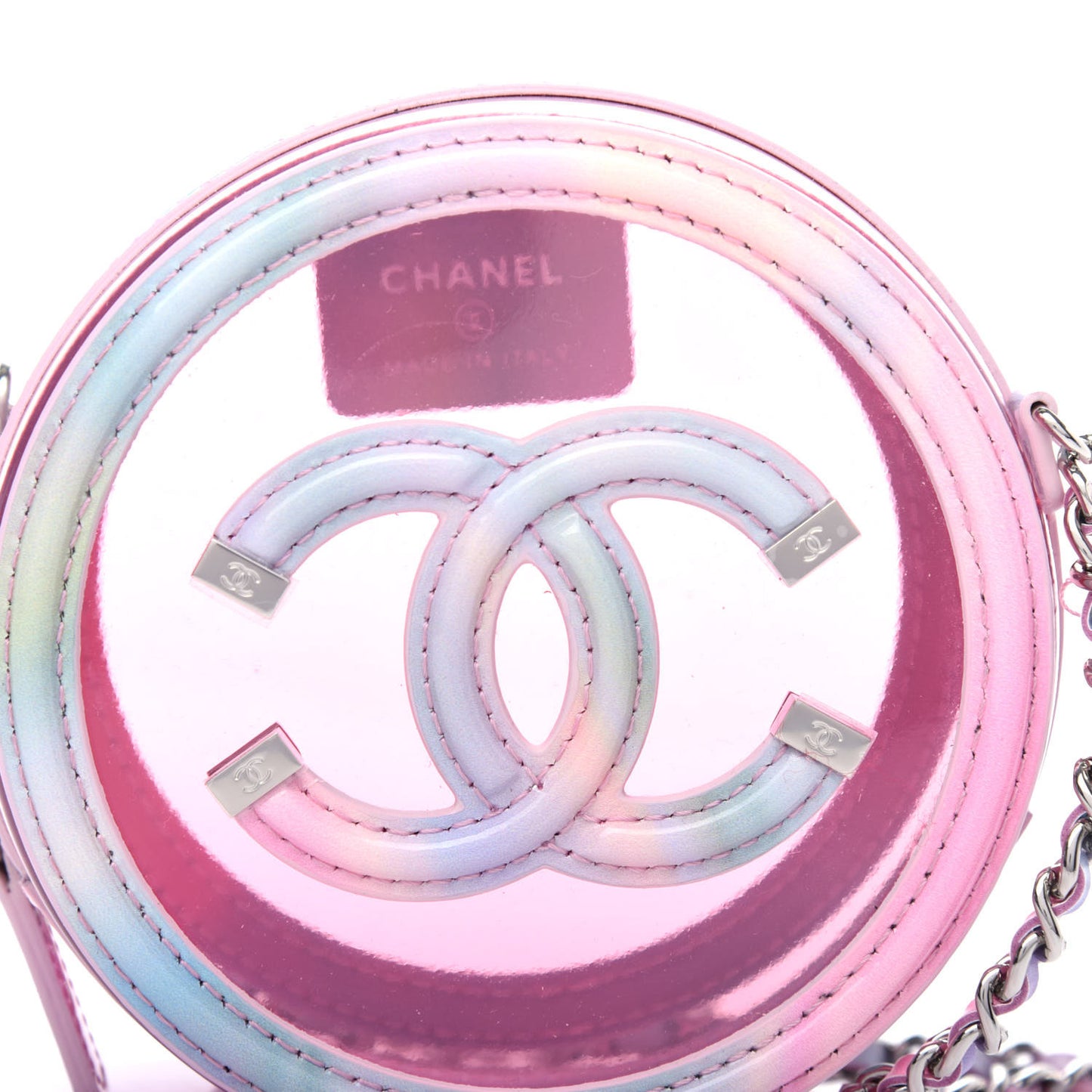 PVC Lambskin Filigree Round Clutch With Chain Pink