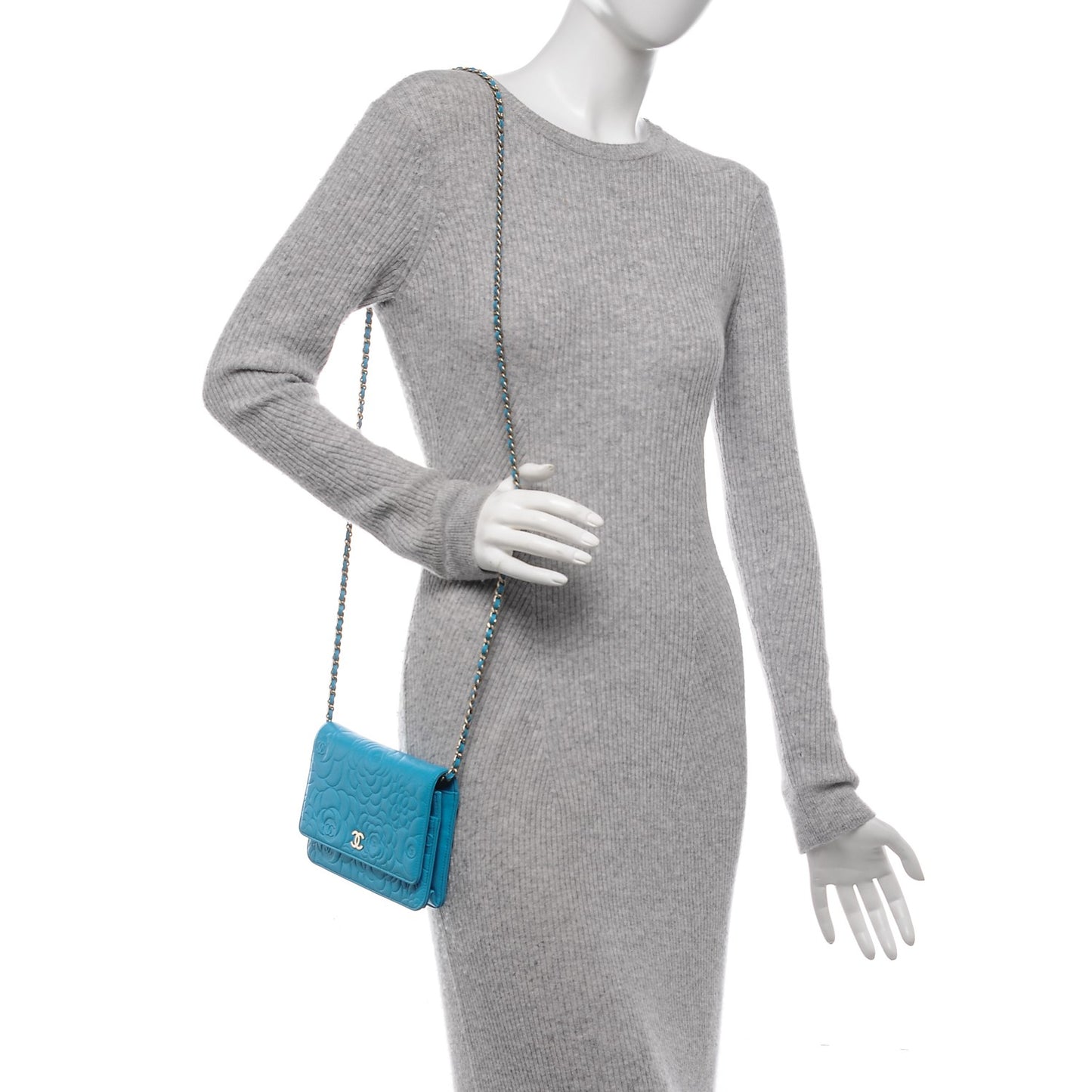 Lambskin Camellia Embossed Wallet On Chain WOC Turquoise