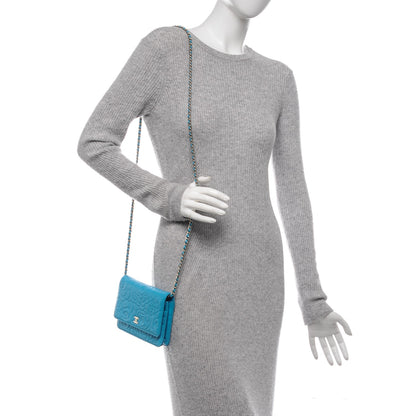 Chanel Lambskin Camellia Embossed Wallet On Chain WOC Turquoise 2 of 8