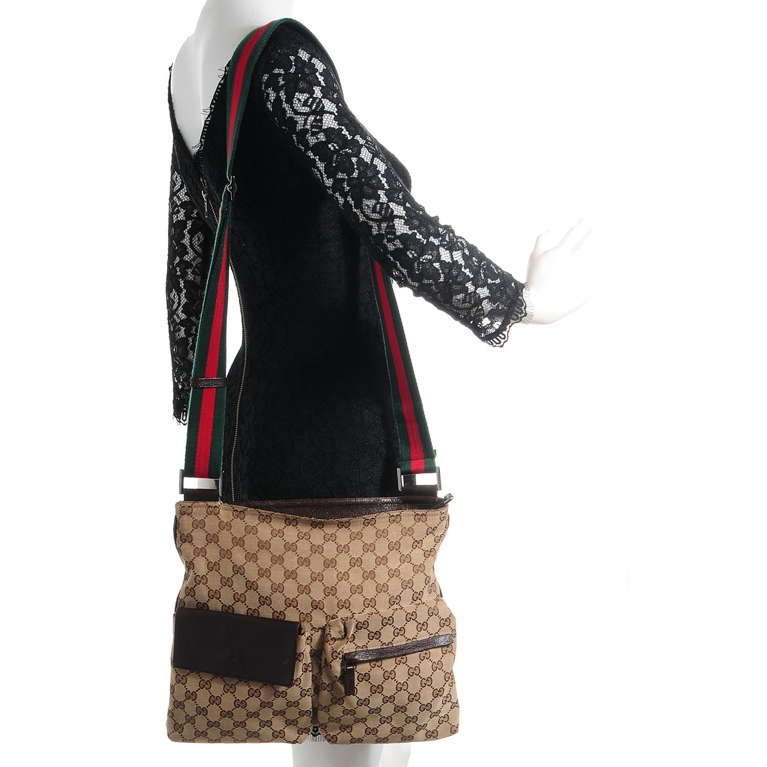 Gucci Monogram Web Medium Double Pocket Messenger Bag Dark Brown 2 of 7