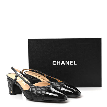 Chanel Lambskin Patent Calfskin Quilted Cap Toe CC Slingback Pumps 39.5 Black 8 of 8