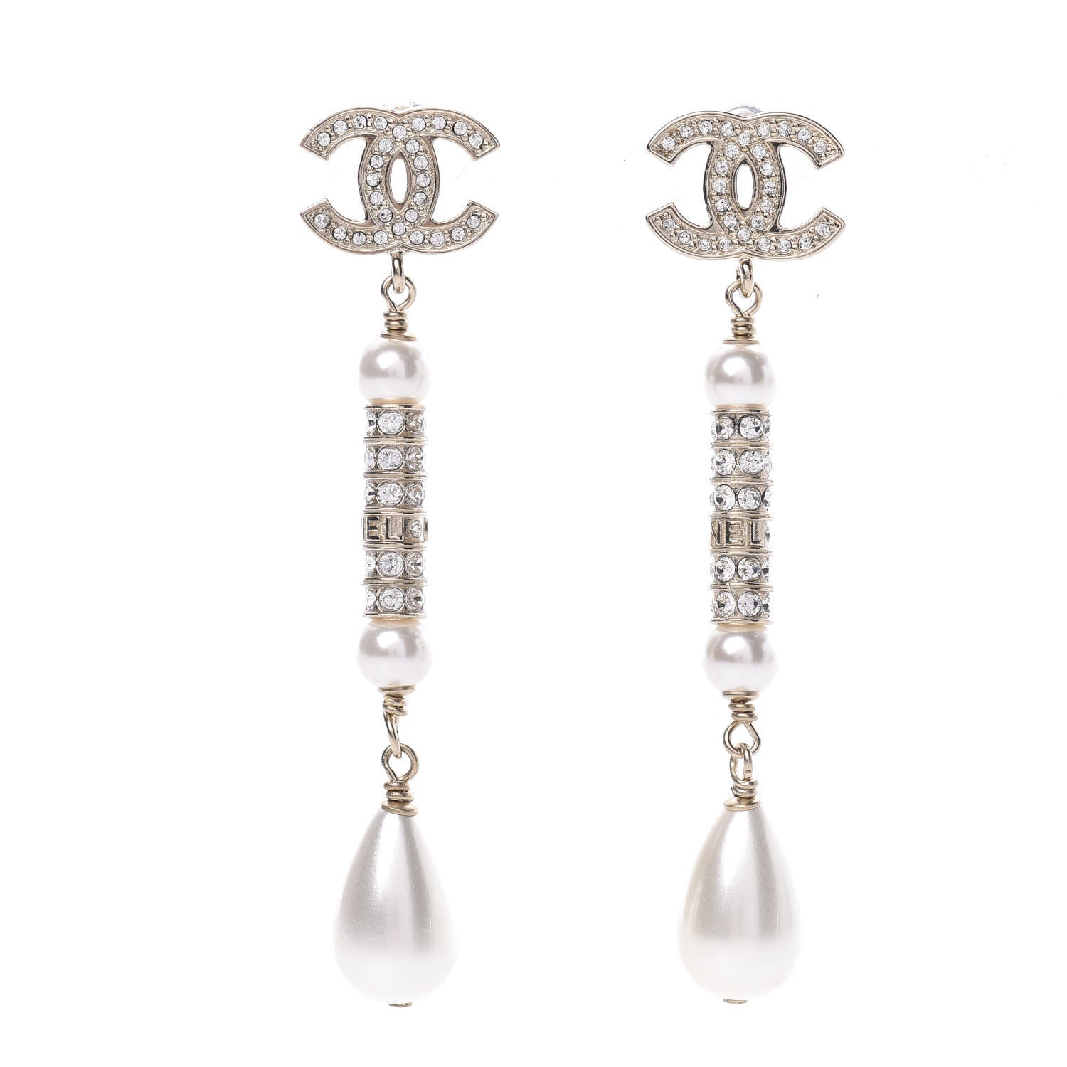 Chanel Pearl Crystal CC Drop Earrings Gold 1 of 5