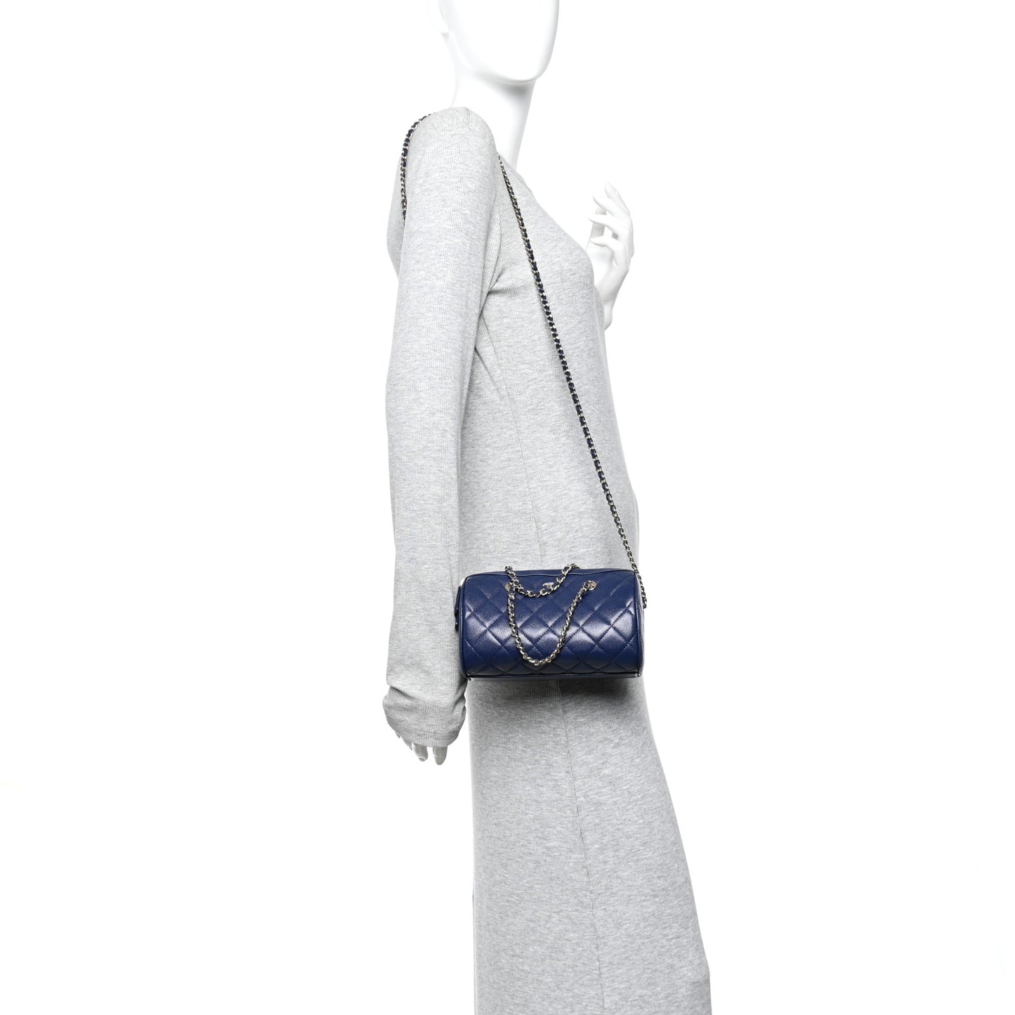Caviar Quilted Barrel Clutch With Chain  Navy