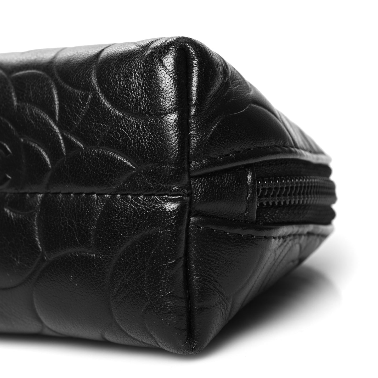 Lambskin Camellia Embossed Cosmetic Case Black