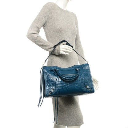 Balenciaga Calfskin Crocodile Embossed Classic Gold Hardware City Bleu Marine 2 of 7