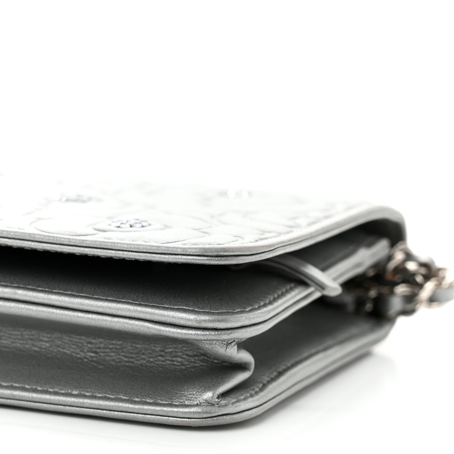 Metallic Lambskin Camellia Crystal Wallet on Chain WOC Silver