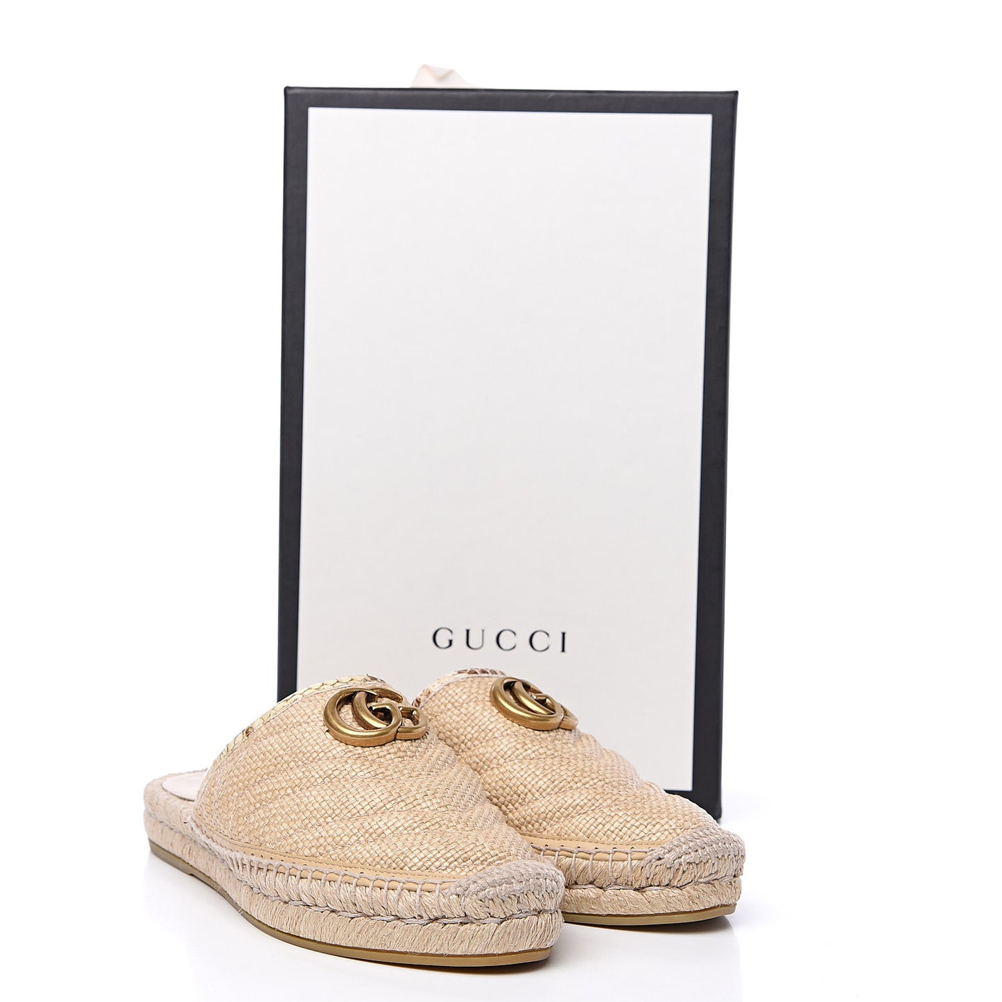 Straw Elaphe Matelasse GG Marmont Espadrille Slippers 37 Natural Cream Brown