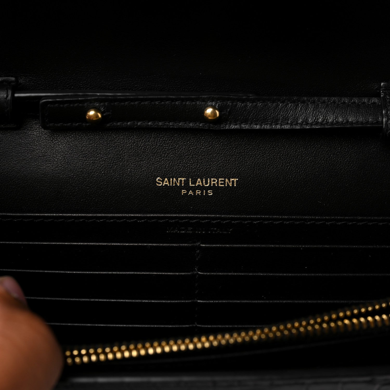 Saint Laurent Calfskin Crocodile Embossed Monogram Chain Wallet Black 6 of 8