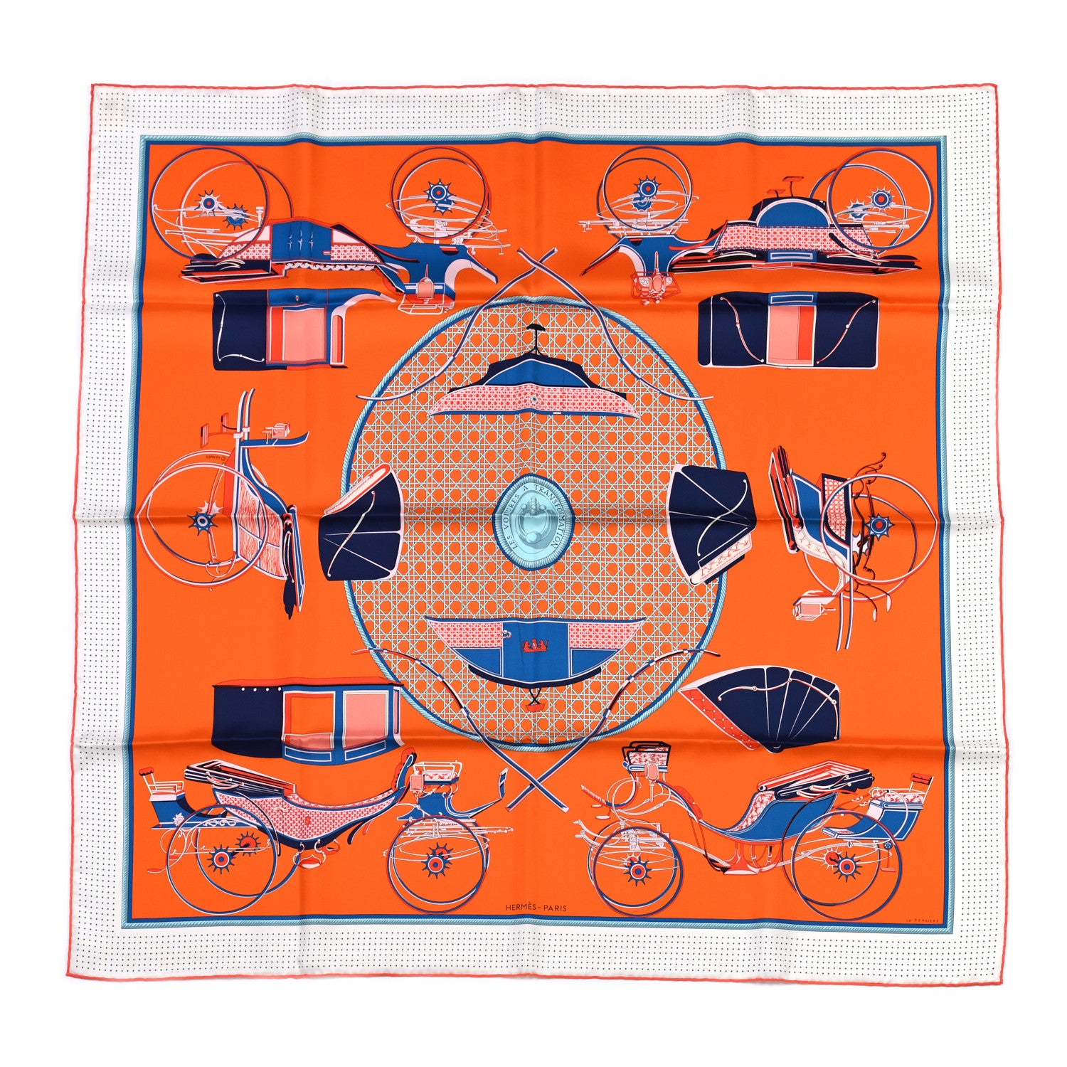 Hermes Silk Les Voitures A Transformation Scarf 90 Orange White Bleu 1 of 5