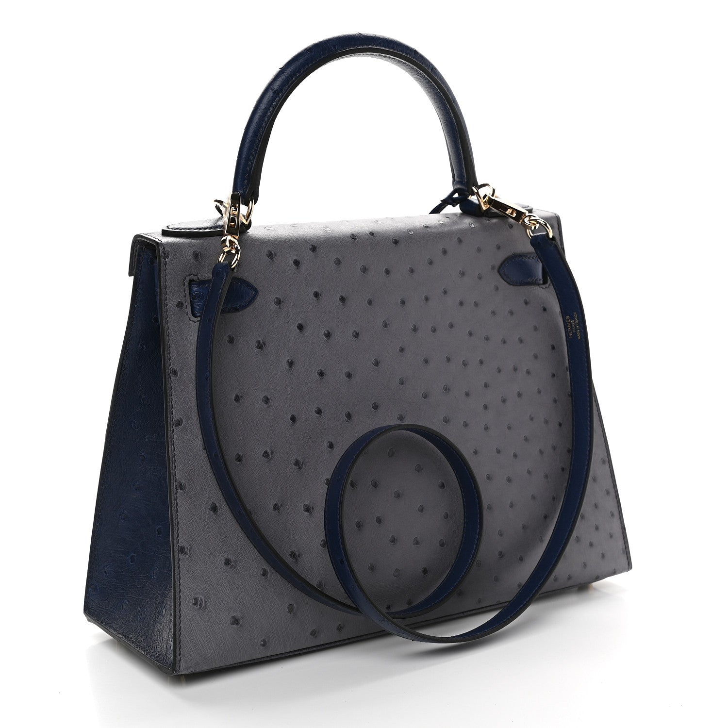 Hermes Ostrich Horseshoe Kelly Sellier 28 Gris Agate Bleu Iris 2 of 9