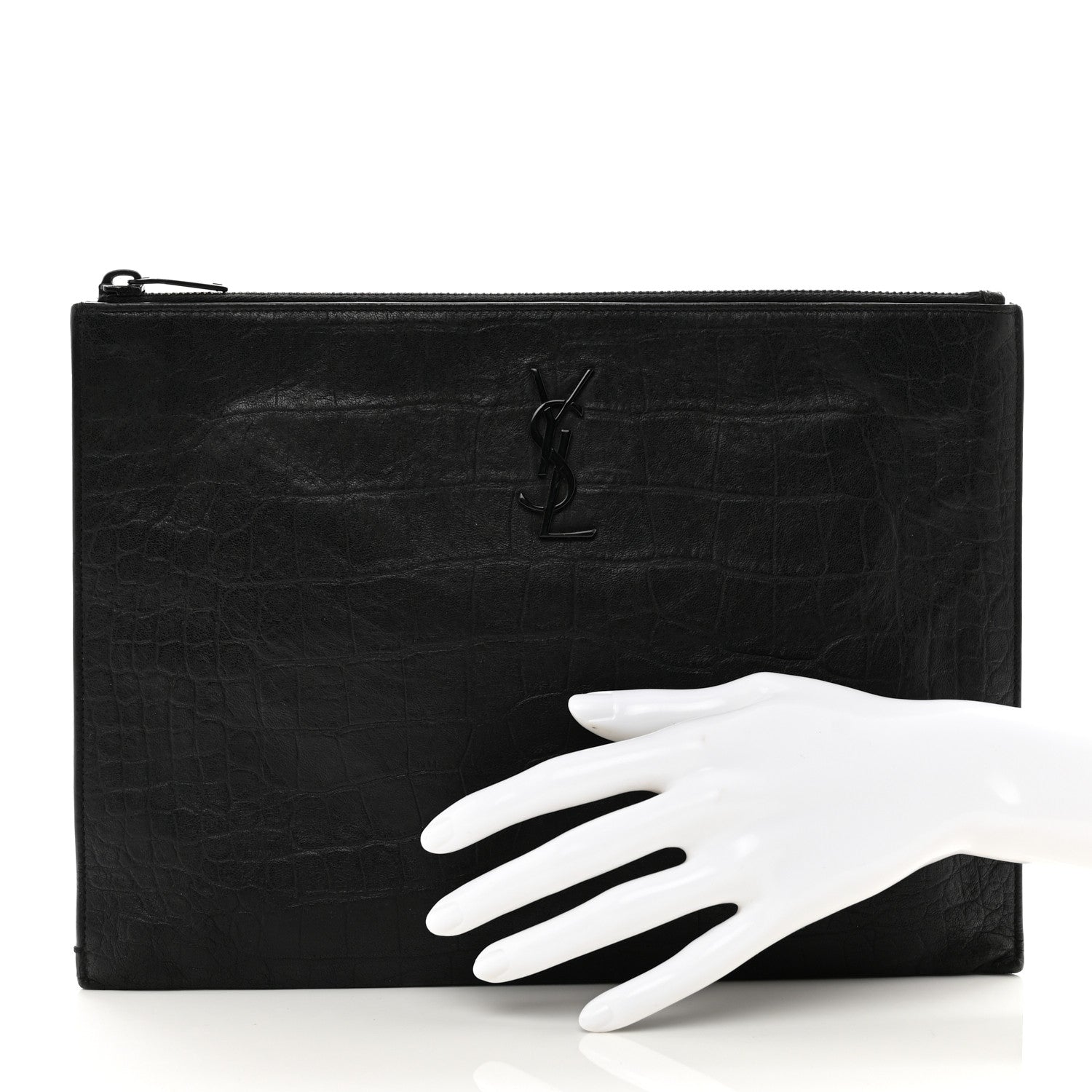 Saint Laurent Calfskin Crocodile Embossed Monogram iPad Case Black 2 of 8