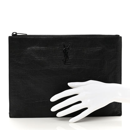 Saint Laurent Calfskin Crocodile Embossed Monogram iPad Case Black 2 of 8