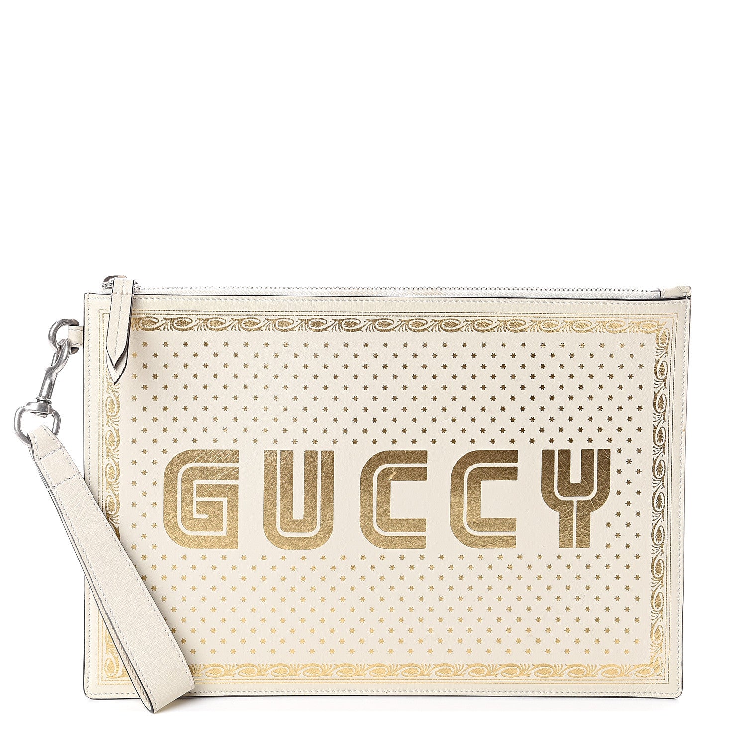 Gucci X SEGA Calfskin GUCCY Stars Zip Wristlet Pouch Mystic White Gold 1 of 5