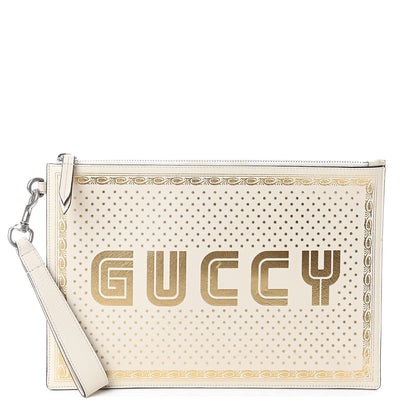 Gucci X SEGA Calfskin GUCCY Stars Zip Wristlet Pouch Mystic White Gold 1 of 5