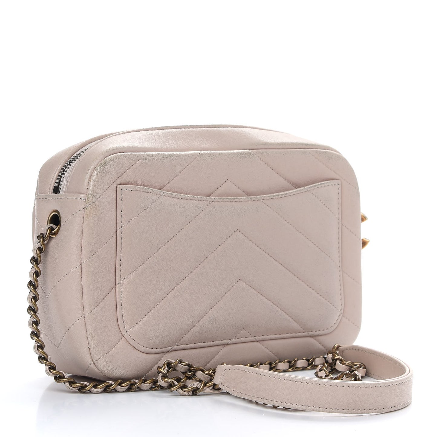 Shiny Lambskin Chevron Stitched Small Coco Camera Case Beige