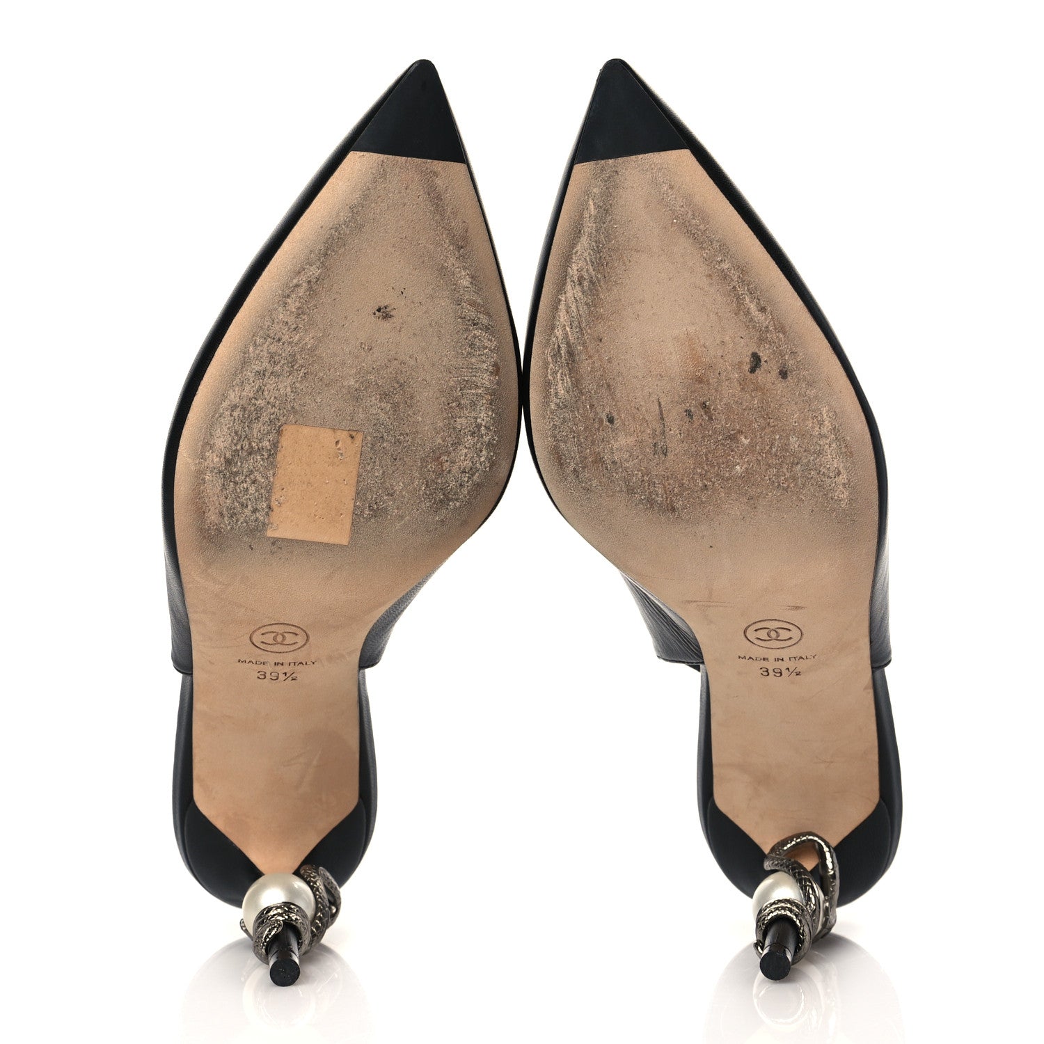 Chanel Lambskin Slingback Snake Pearl Heel 39.5 Black 6 of 10