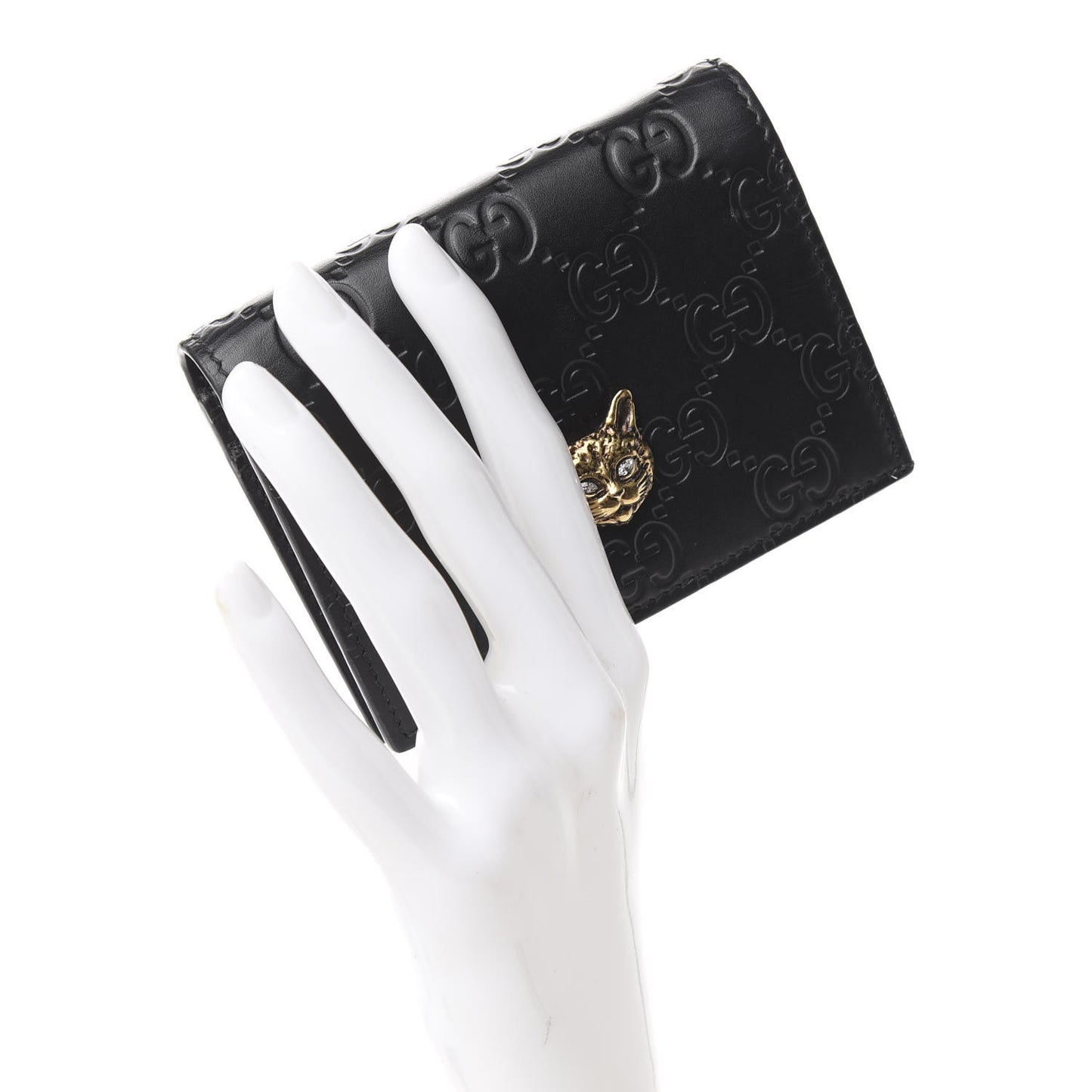 Guccissima Signature Crystal Cat Card Case Wallet Black