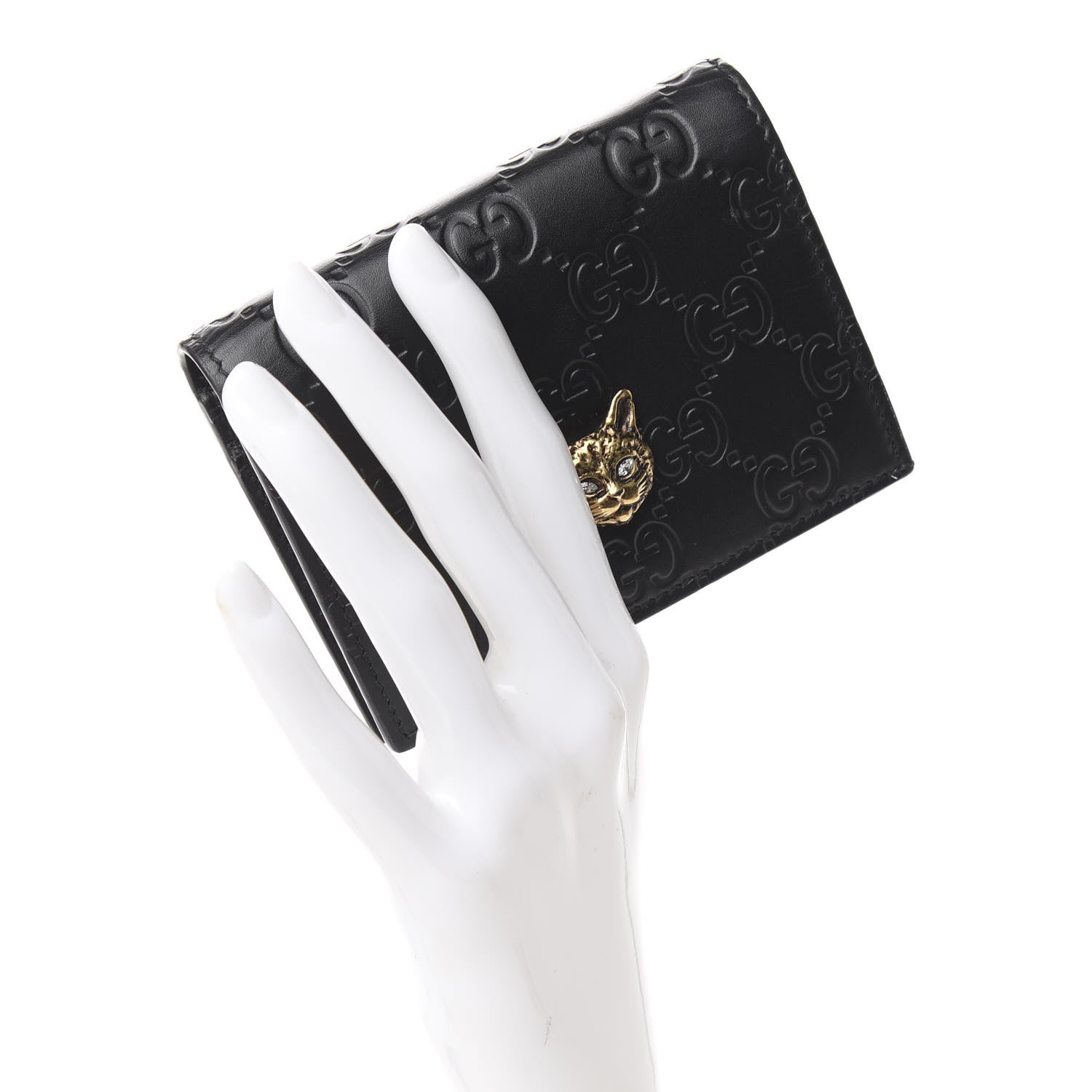 Gucci Guccissima Signature Crystal Cat Card Case Wallet Black 2 of 7