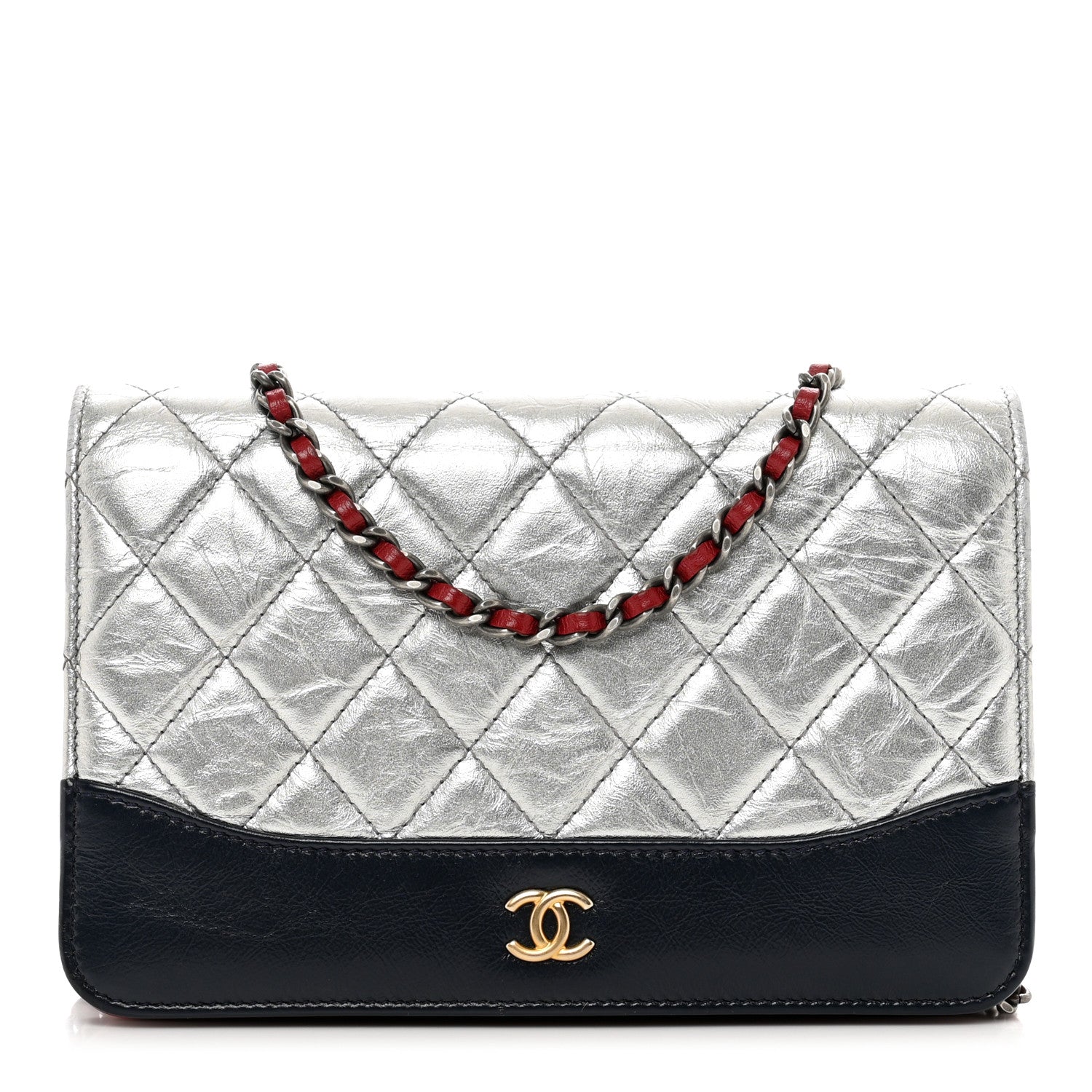 Chanel Metallic Aged Calfskin Quilted Gabrielle Wallet On Chain WOC Silver Black 1 of 12