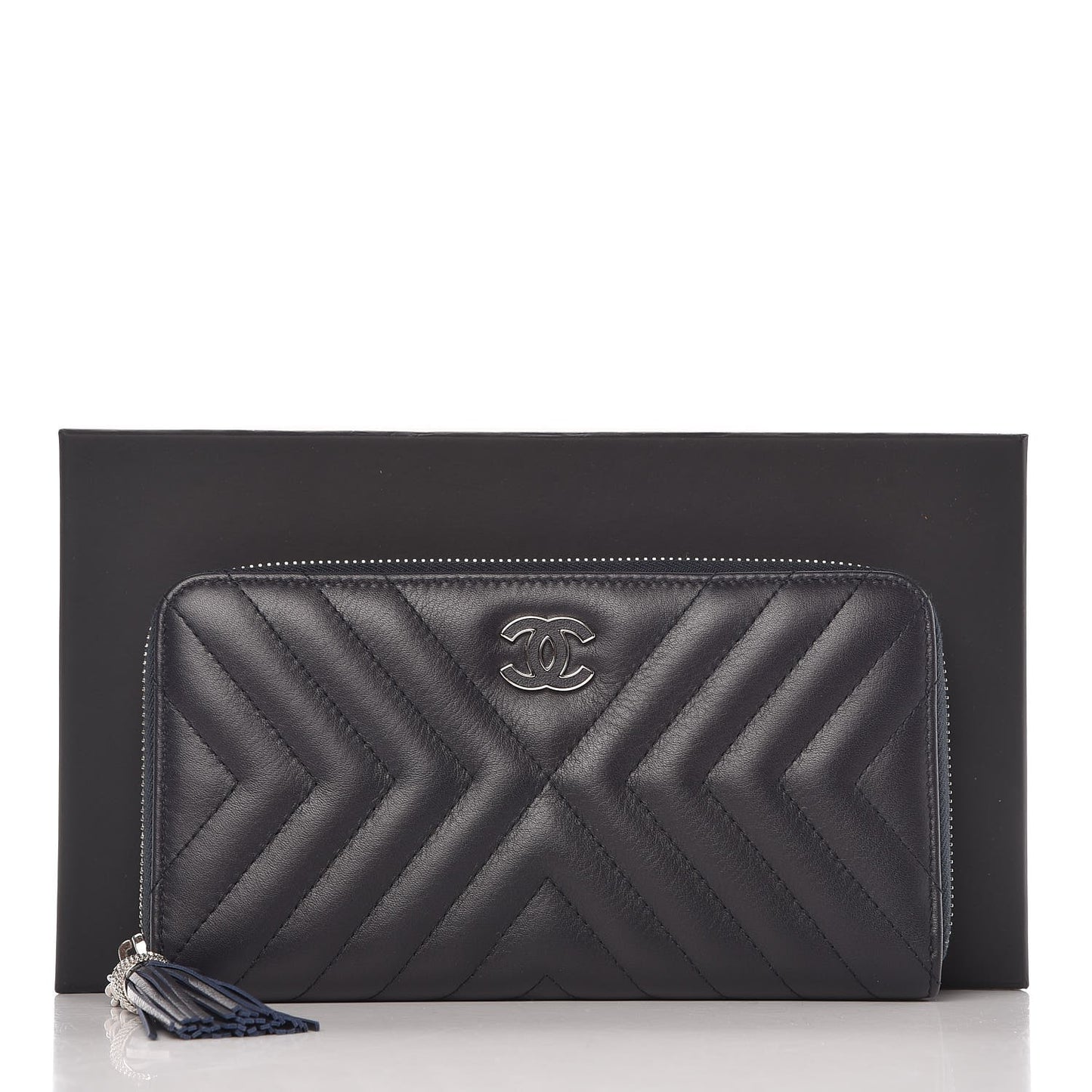 Calfskin Chevron Quilted Zip Around Tassel Wallet Navy
