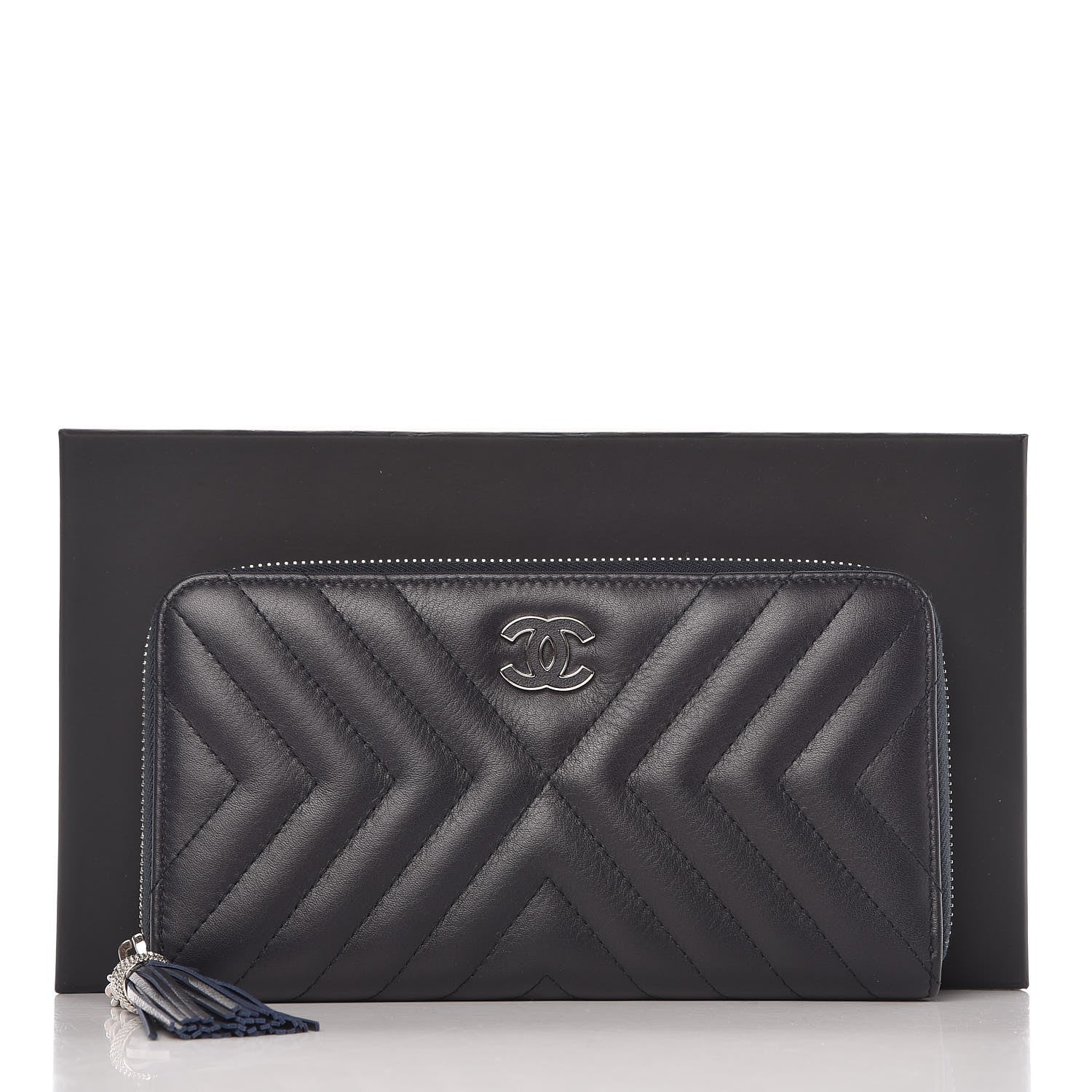 Chanel Calfskin Chevron Quilted Zip Around Tassel Wallet Navy 9 of 9