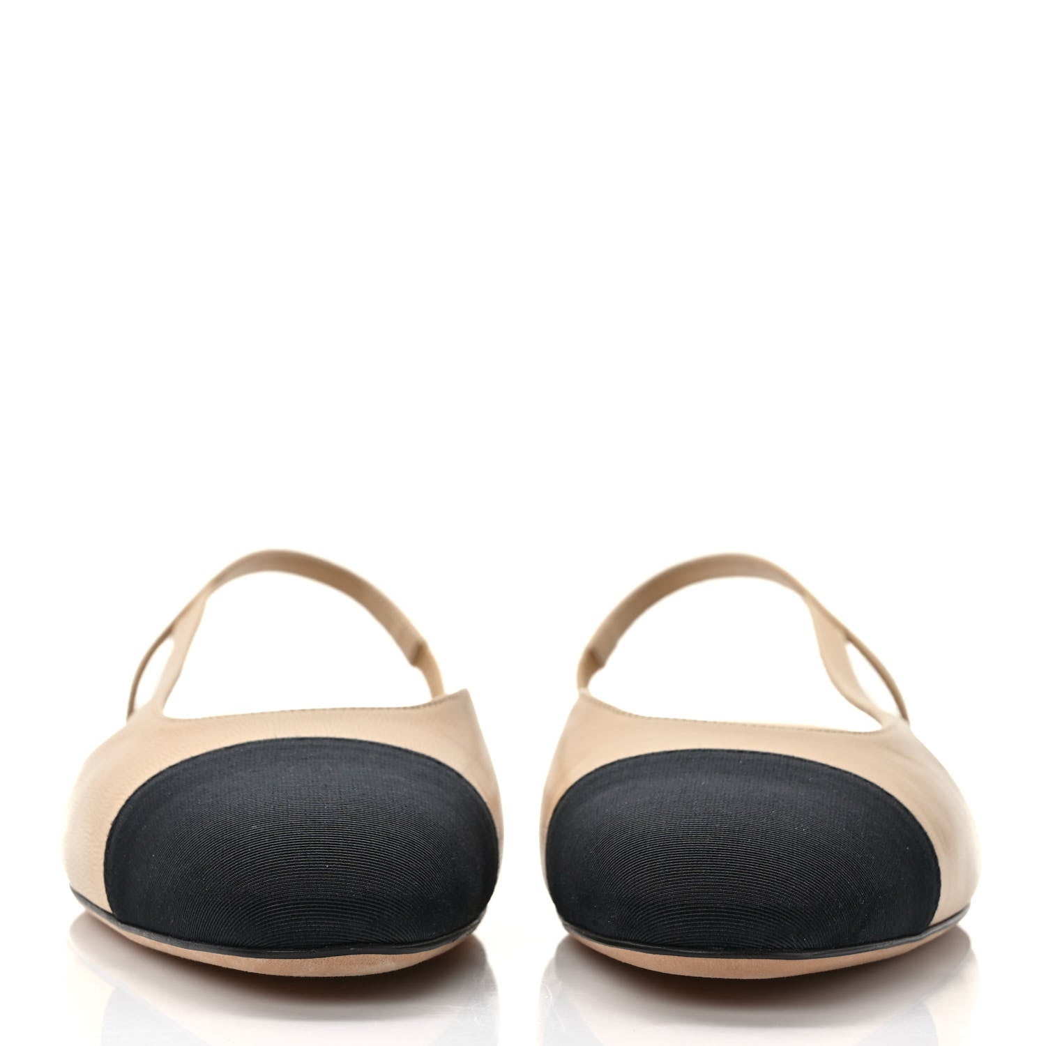 Chanel Goatskin Grosgrain Cap Toe CC Slingback Pumps 37.5 Beige Black 2 of 8