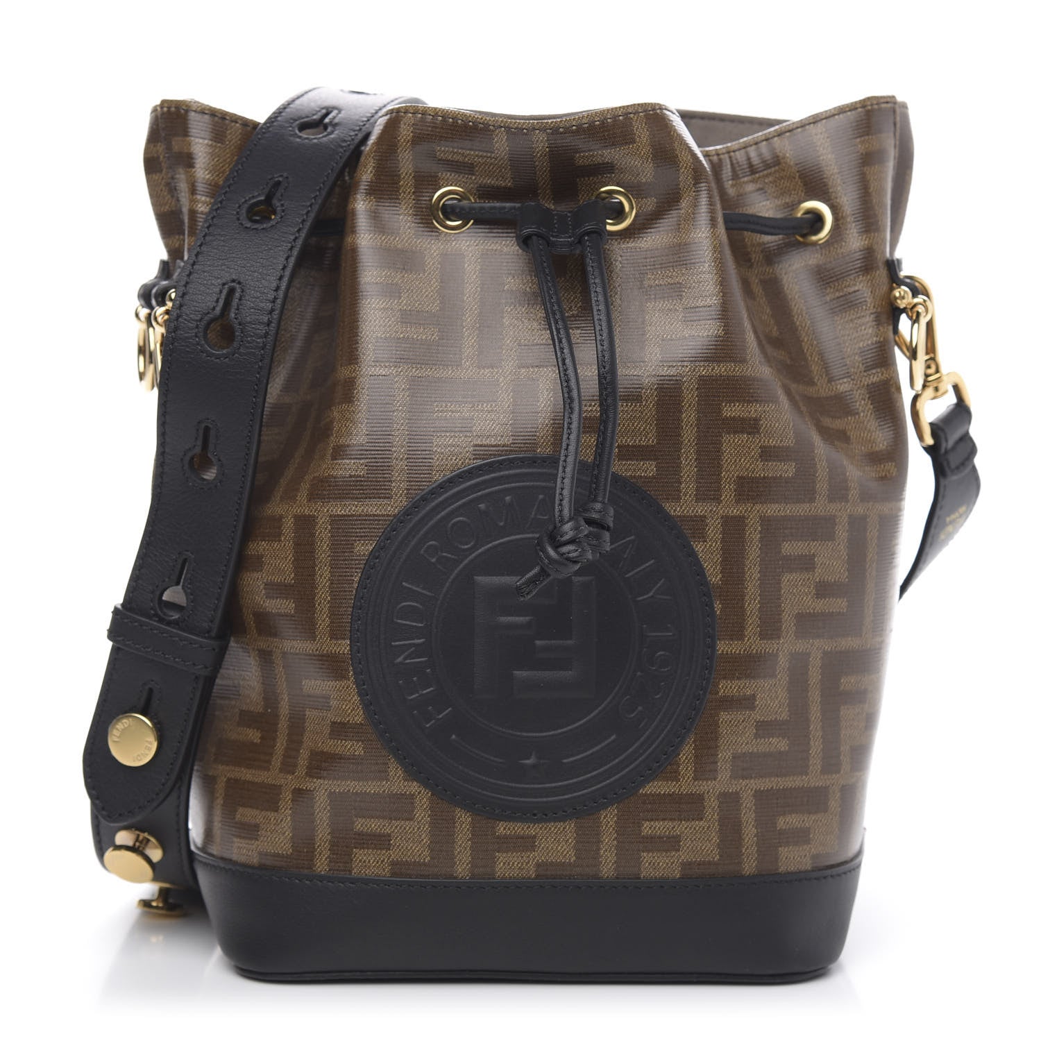 Fendi Glazed Fabric Vitello Grace F is Fendi FF 1974 Stamp Patch Grande Mon Tresor Bucket Bag Mogano Panna Black 1 of 12