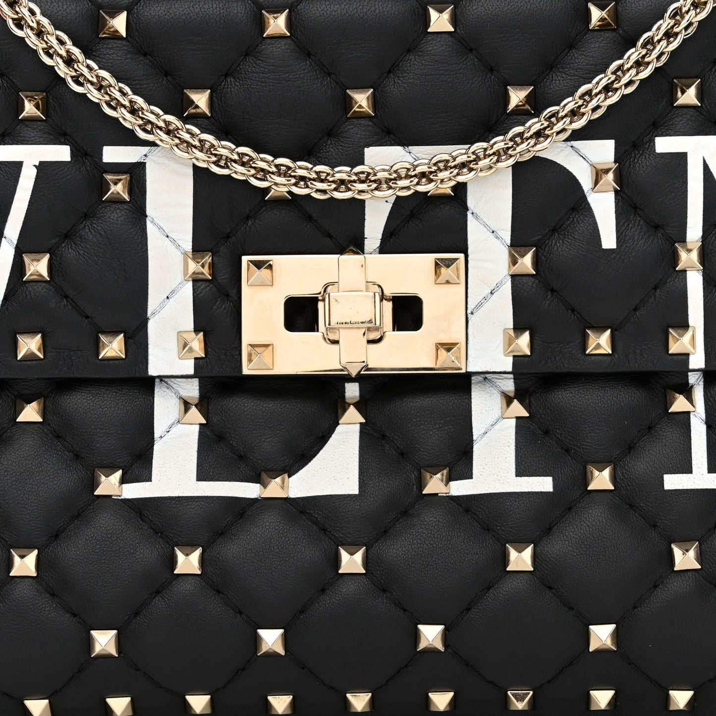 Lambskin VLTN Print Medium Rockstud Spike Shoulder Bag Black