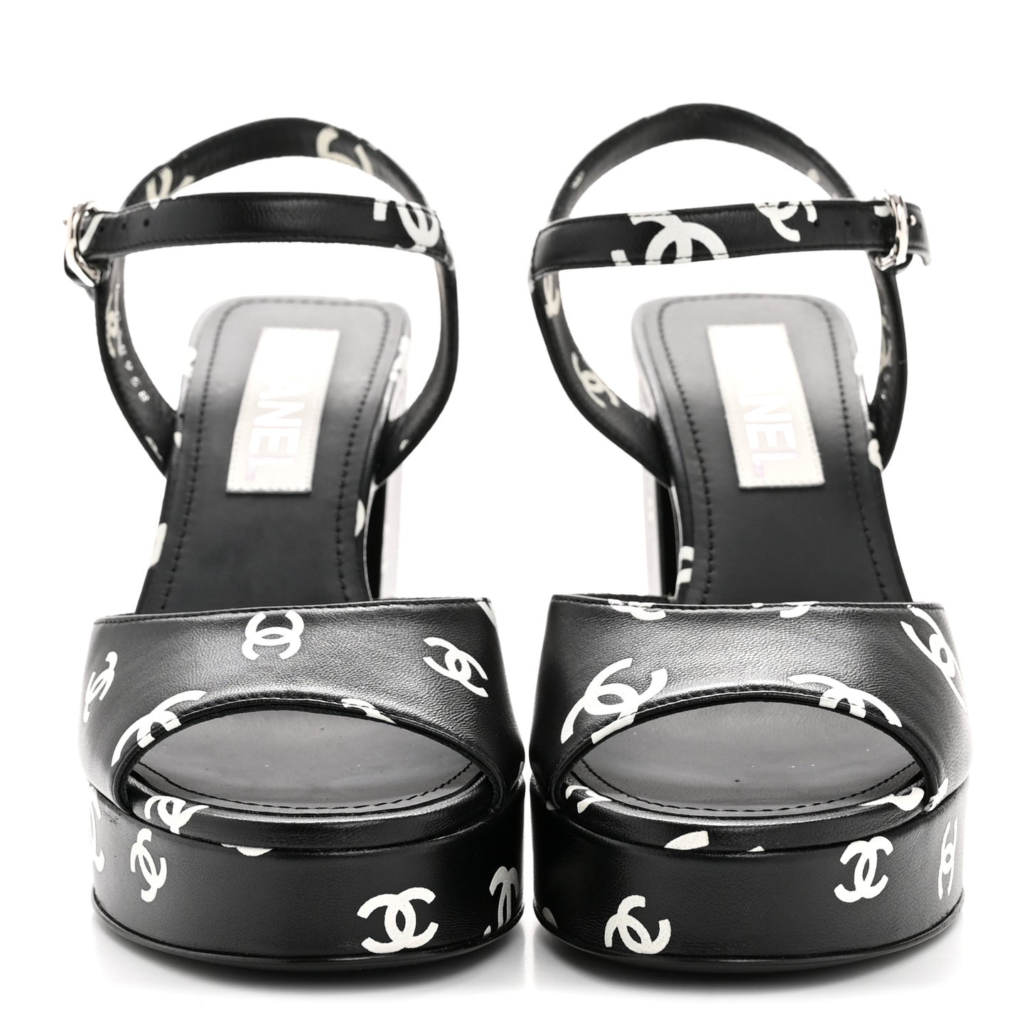 Printed Lambskin CC Platform Sandals 37 Black White