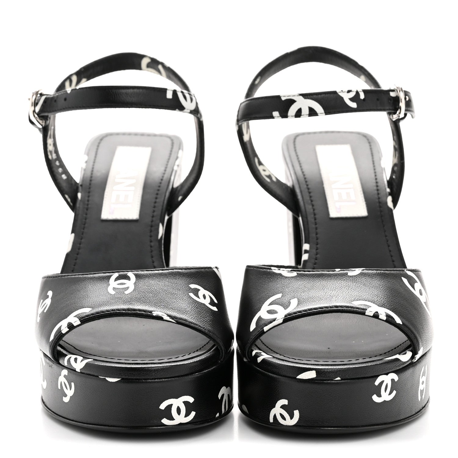 Chanel Printed Lambskin CC Platform Sandals 37 Black White 3 of 11