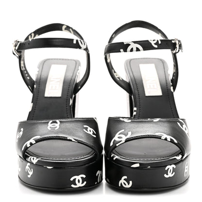 Chanel Printed Lambskin CC Platform Sandals 37 Black White 3 of 11
