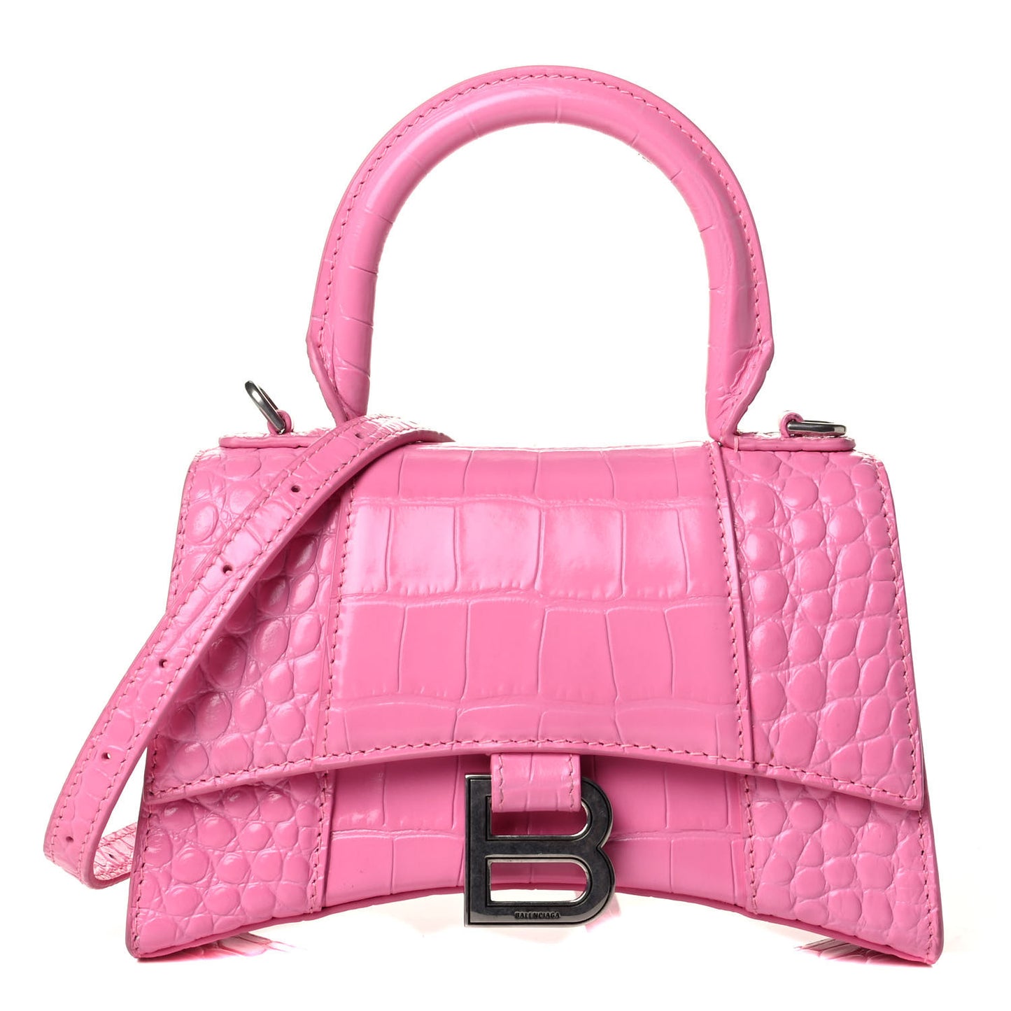 Shiny Calfskin Crocodile Embossed Hourglass Top Handle Bag XS Baby Pink
