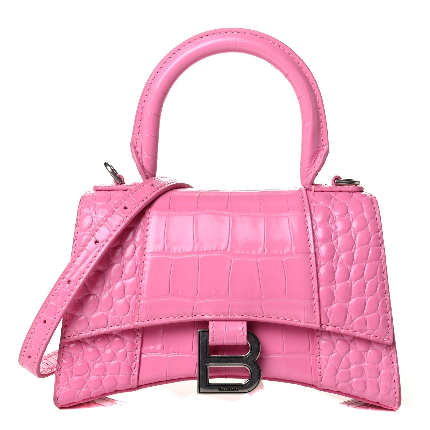 Balenciaga Shiny Calfskin Crocodile Embossed Hourglass Top Handle Bag XS Baby Pink 1 of 8