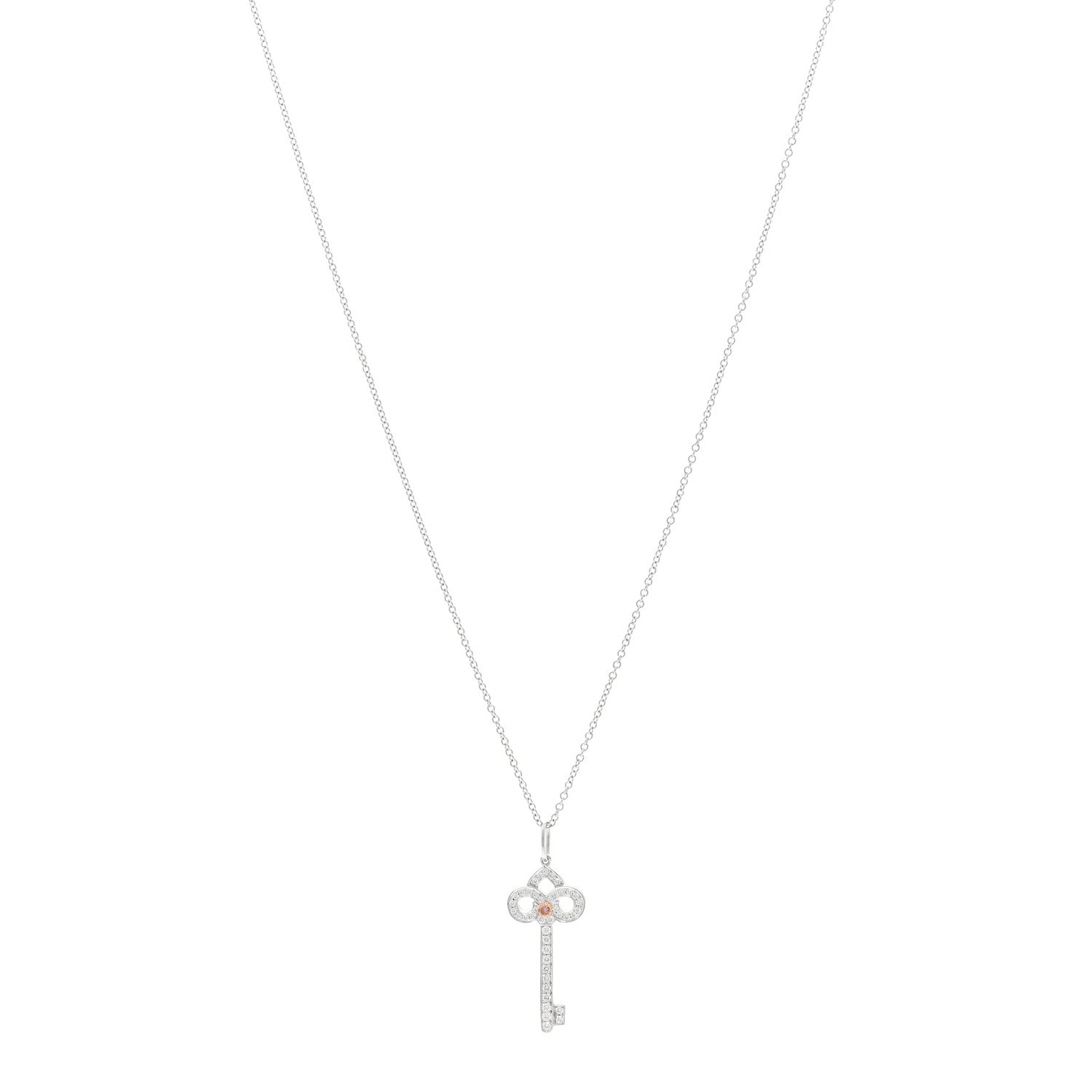 Tiffany Platinum 18K Rose Gold Pink Diamond Fleur De Lis Key Pendant Necklace 1 of 5