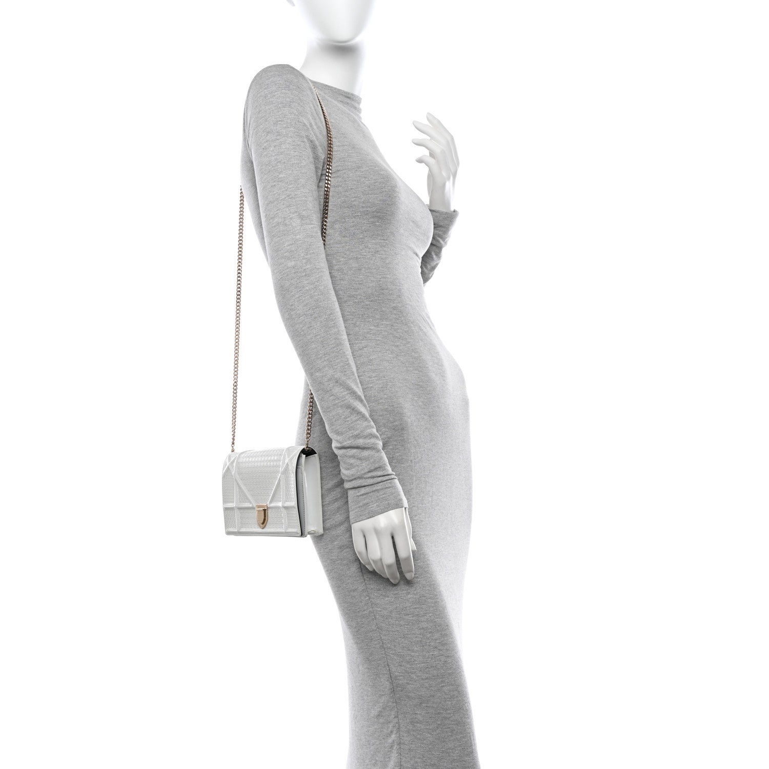 Christian Dior Patent Micro-Cannage Diorama Wallet on Chain Pouch Metallic White 2 of 11