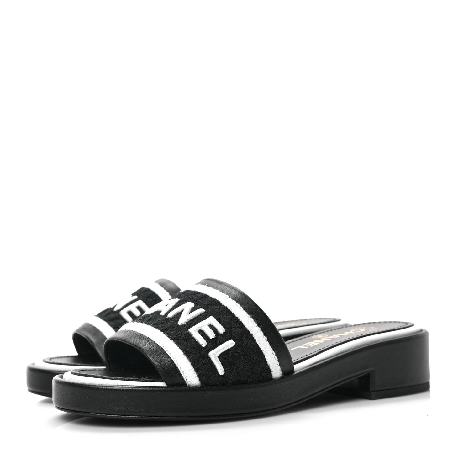 Lambskin Embroidered CC Mule Sandal 36 Black White
