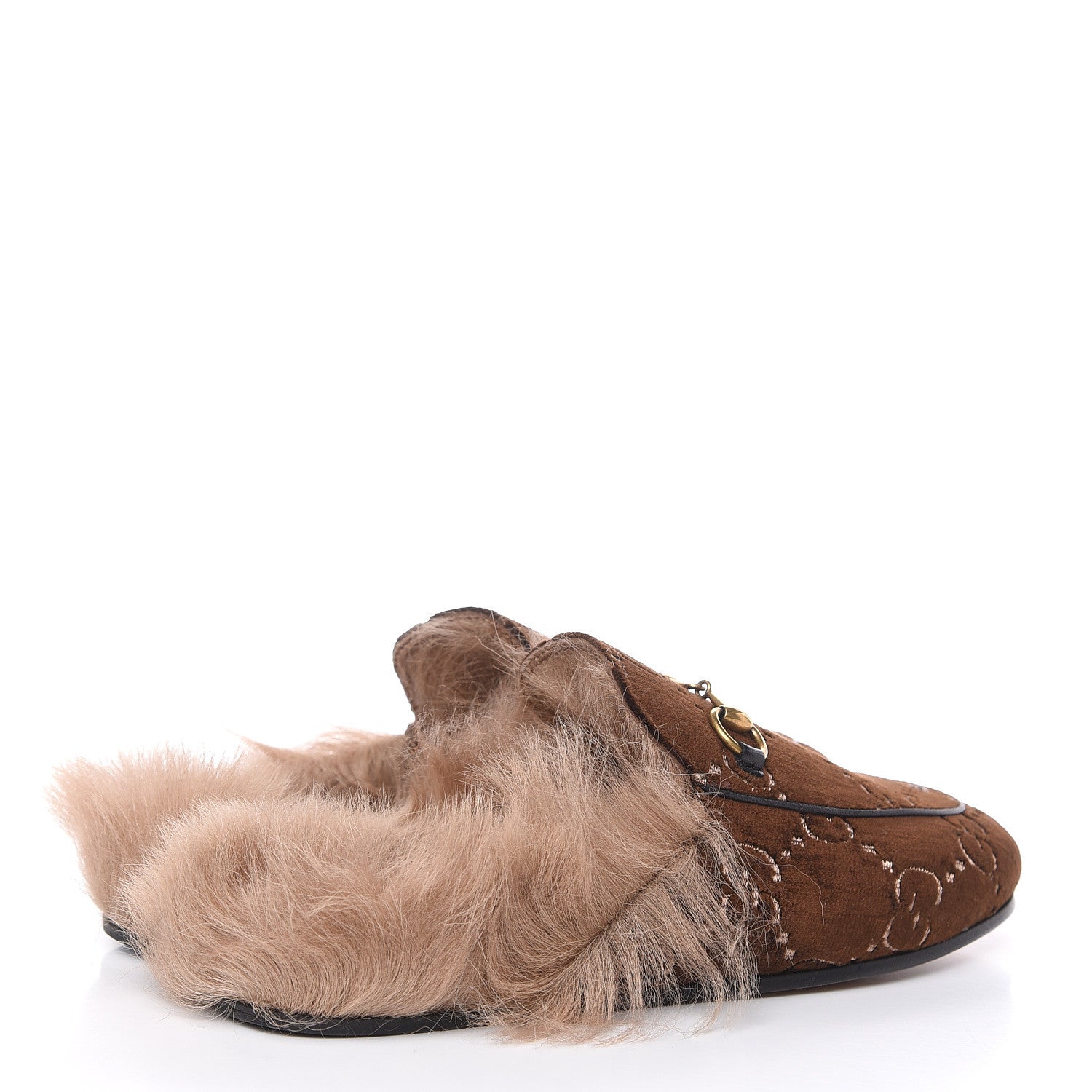 Gucci Velvet GG Monogram Fur Womens Princetown Slippers 37.5 Brown Black Natural 4 of 9