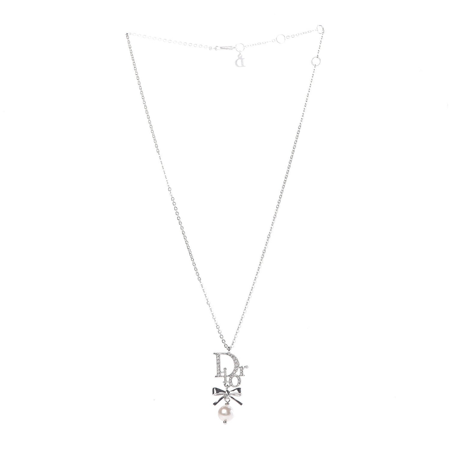 Crystal Pearl Dior Logo Necklace Silver