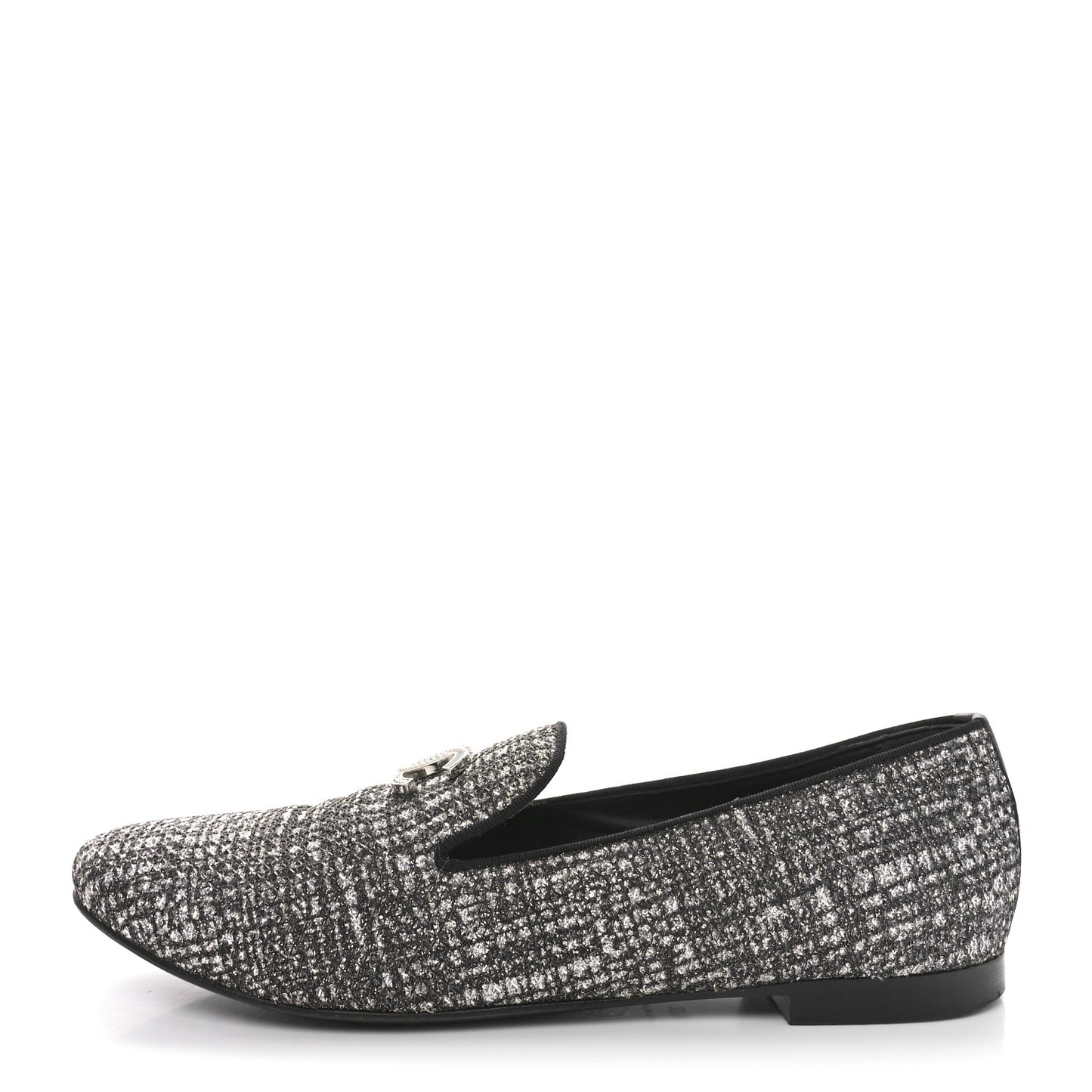 Fantasy Fabric Grosgrain CC Mocassin Loafers 37.5 Silver Black