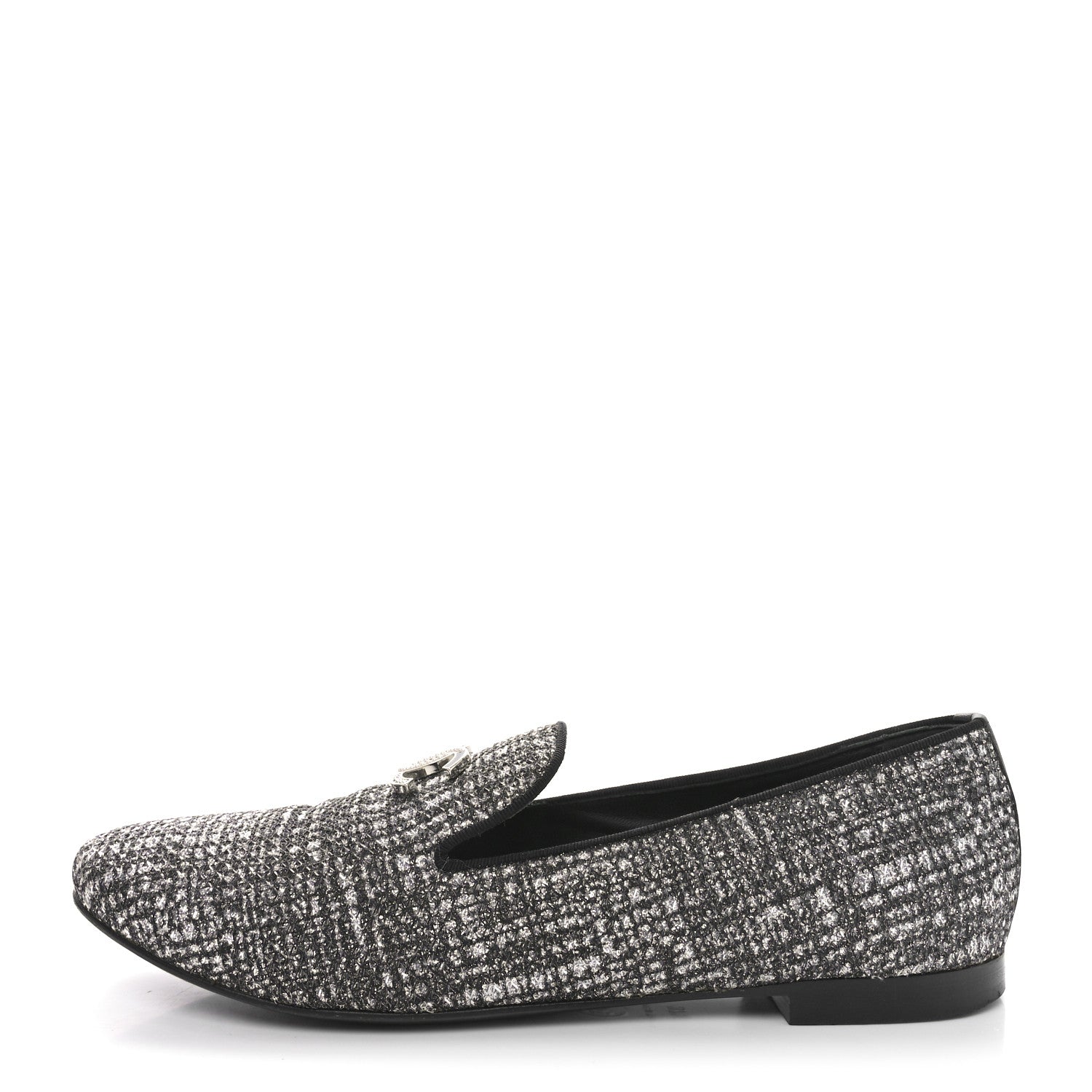 Chanel Fantasy Fabric Grosgrain CC Mocassin Loafers 37.5 Silver Black 1 of 9