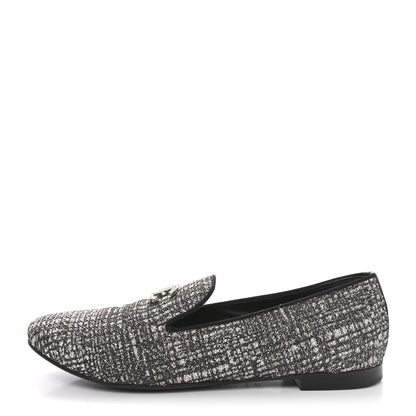 Chanel Fantasy Fabric Grosgrain CC Mocassin Loafers 37.5 Silver Black 1 of 9
