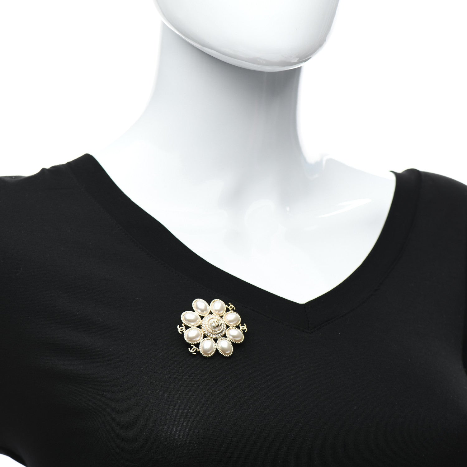 Chanel Pearl Crystal CC Brooch Pearly White Gold 2 of 4