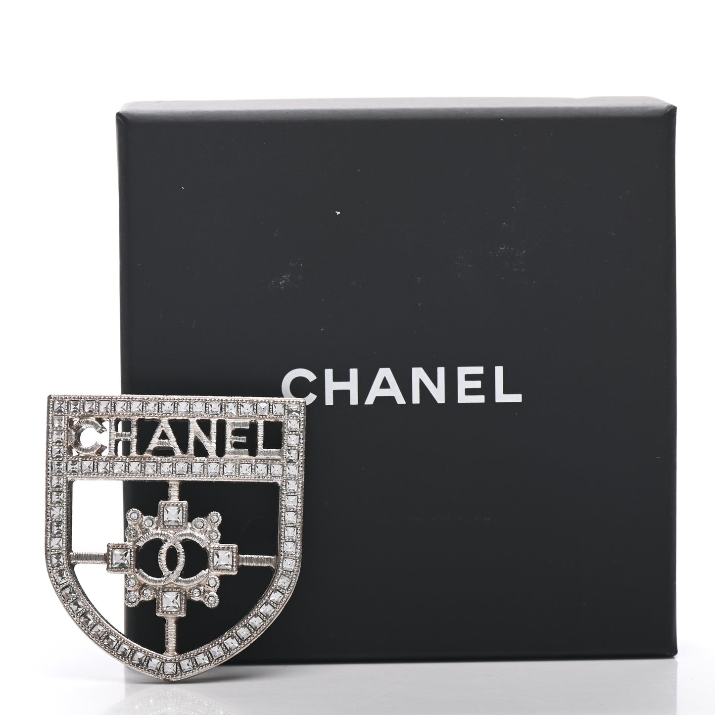 Swarovski Baguette Crystal CC Shield Brooch Silver