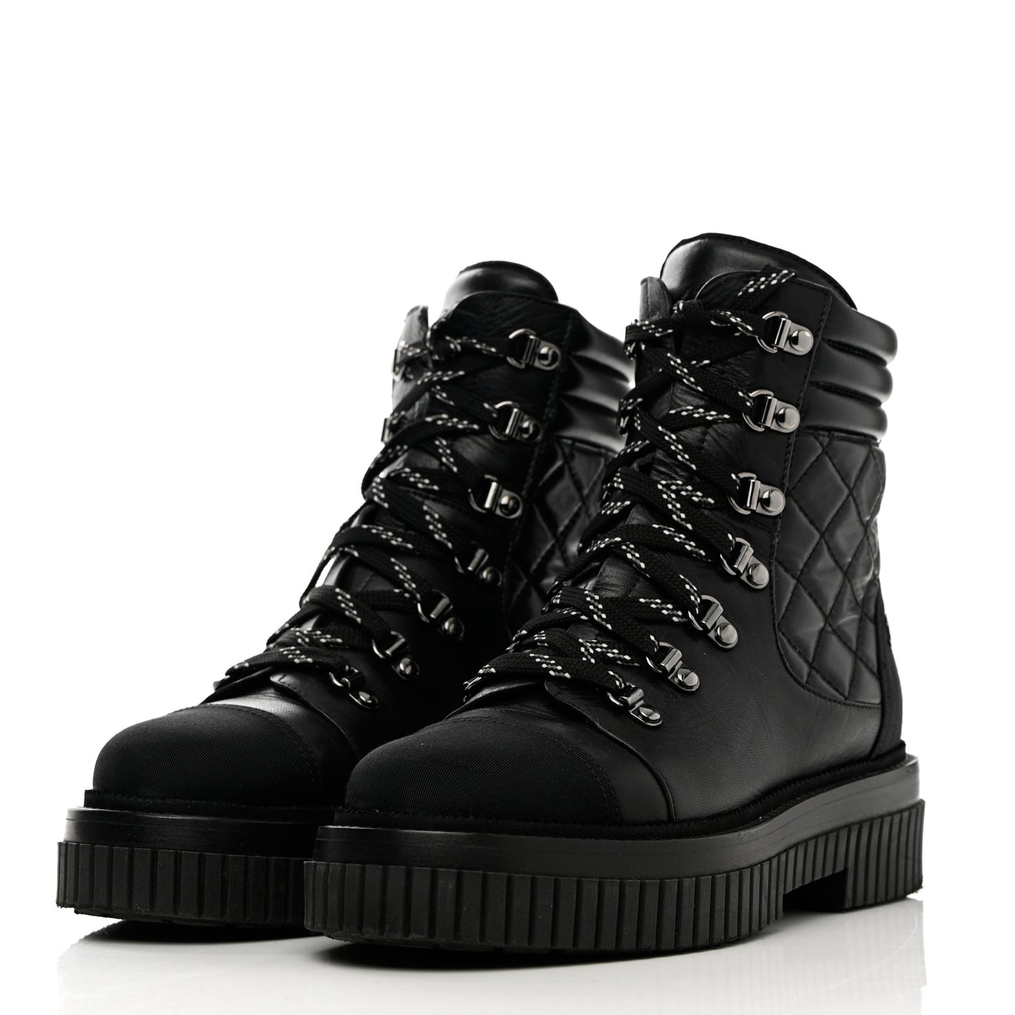 Calfskin Grosgrain Quilted Lace Up Boots 37 Black Grey