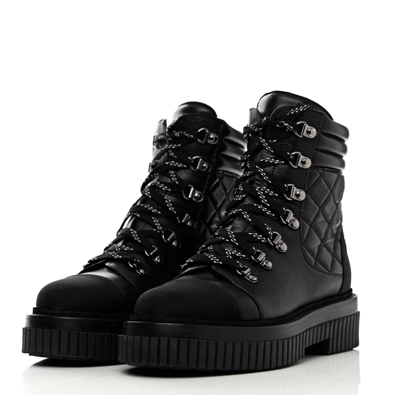 Chanel Calfskin Grosgrain Quilted Lace Up Boots 37 Black Grey 3 of 19