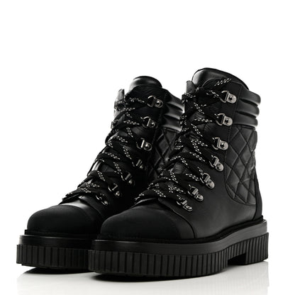 Chanel Calfskin Grosgrain Quilted Lace Up Boots 37 Black Grey 3 of 19
