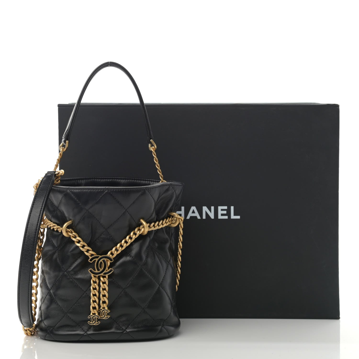 Chanel Lambskin Enamel Quilted Pending CC Bucket Drawstring Bag Black 11 of 11