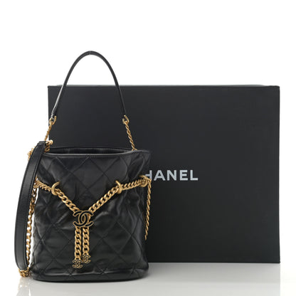 Chanel Lambskin Enamel Quilted Pending CC Bucket Drawstring Bag Black 11 of 11