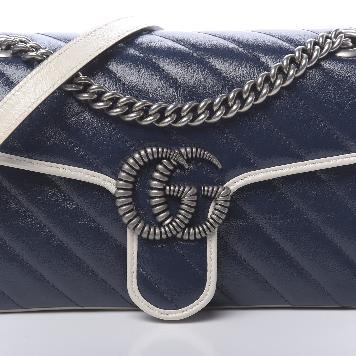 Gucci Vintage Effect Calfskin Matelasse Diagonal Small Torchon GG Marmont Shoulder Bag Blue Agata Mystic White 10 of 10