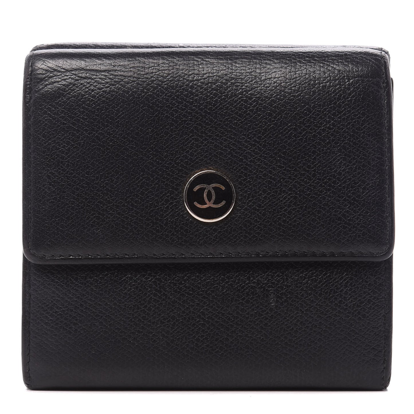 Grained Calfskin CC Button Flap Wallet Black